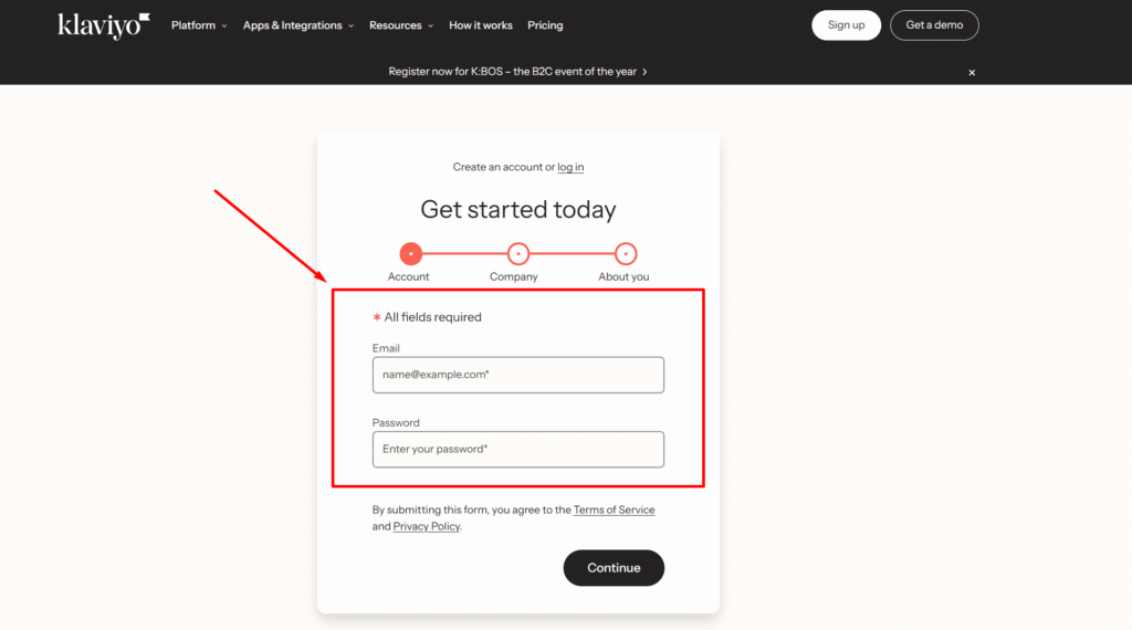 Klaviyo account creation process