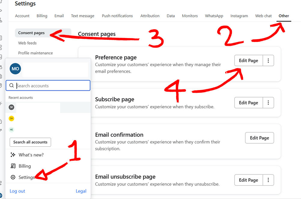 How to find preferences page in klaviyo